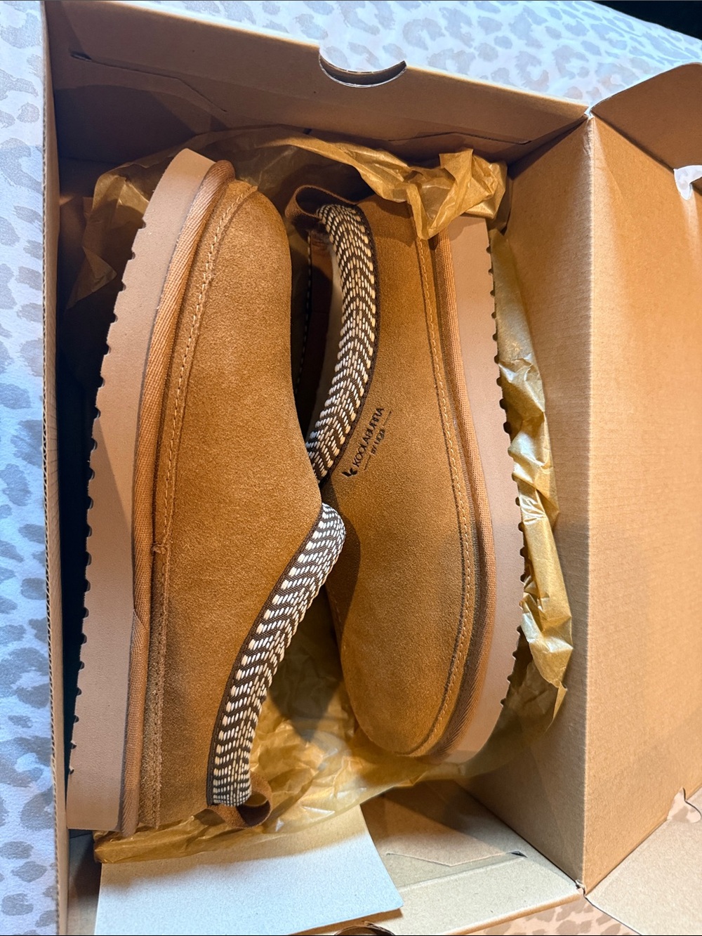 Koolaburra Tan Suede Slip-On Loafers with Black & White Woven Collar